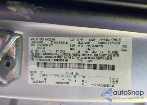 2016 Ford Escape Titanium z USA, uszkodzony, nr VIN 1FMCU9JX6GUB80715